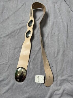 Free People Beige Cutout Leather Belt with Polished Metal Accents -